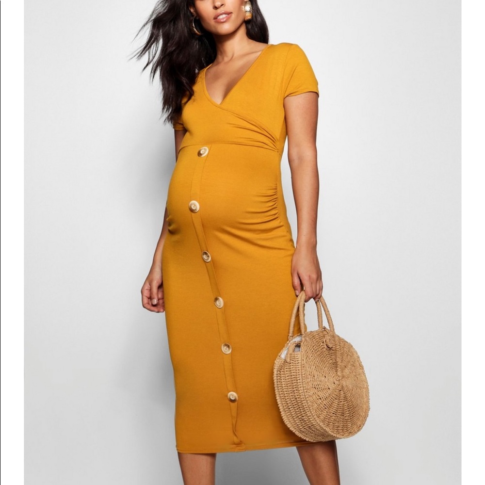 Maternity Wrap Front Horn Button Midi Dress